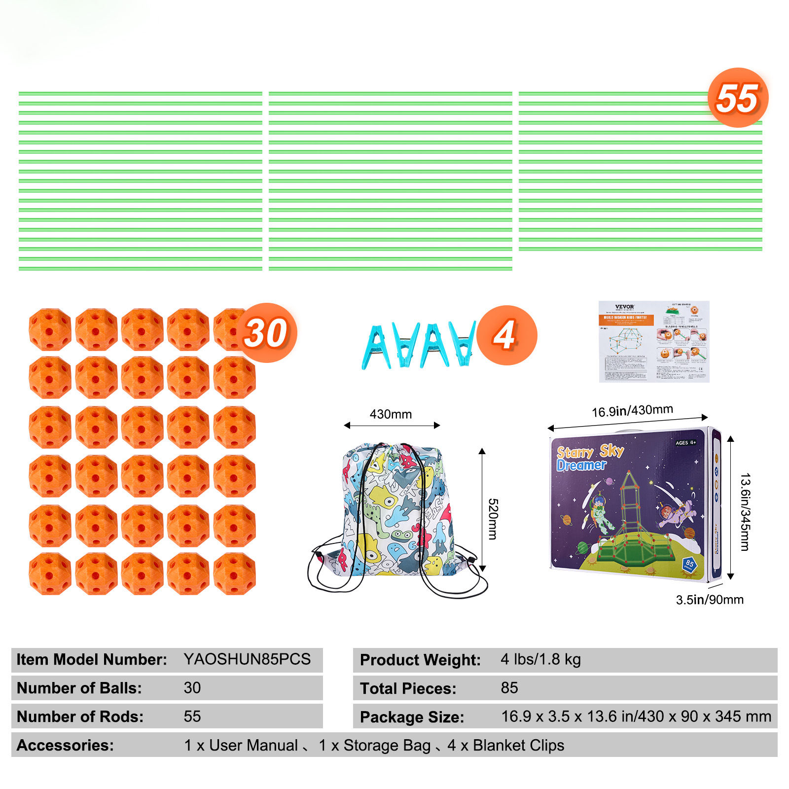 VEVOR Fort Building Kit Construction Castle Tunnels Toys with 55 Rods 30 Balls I