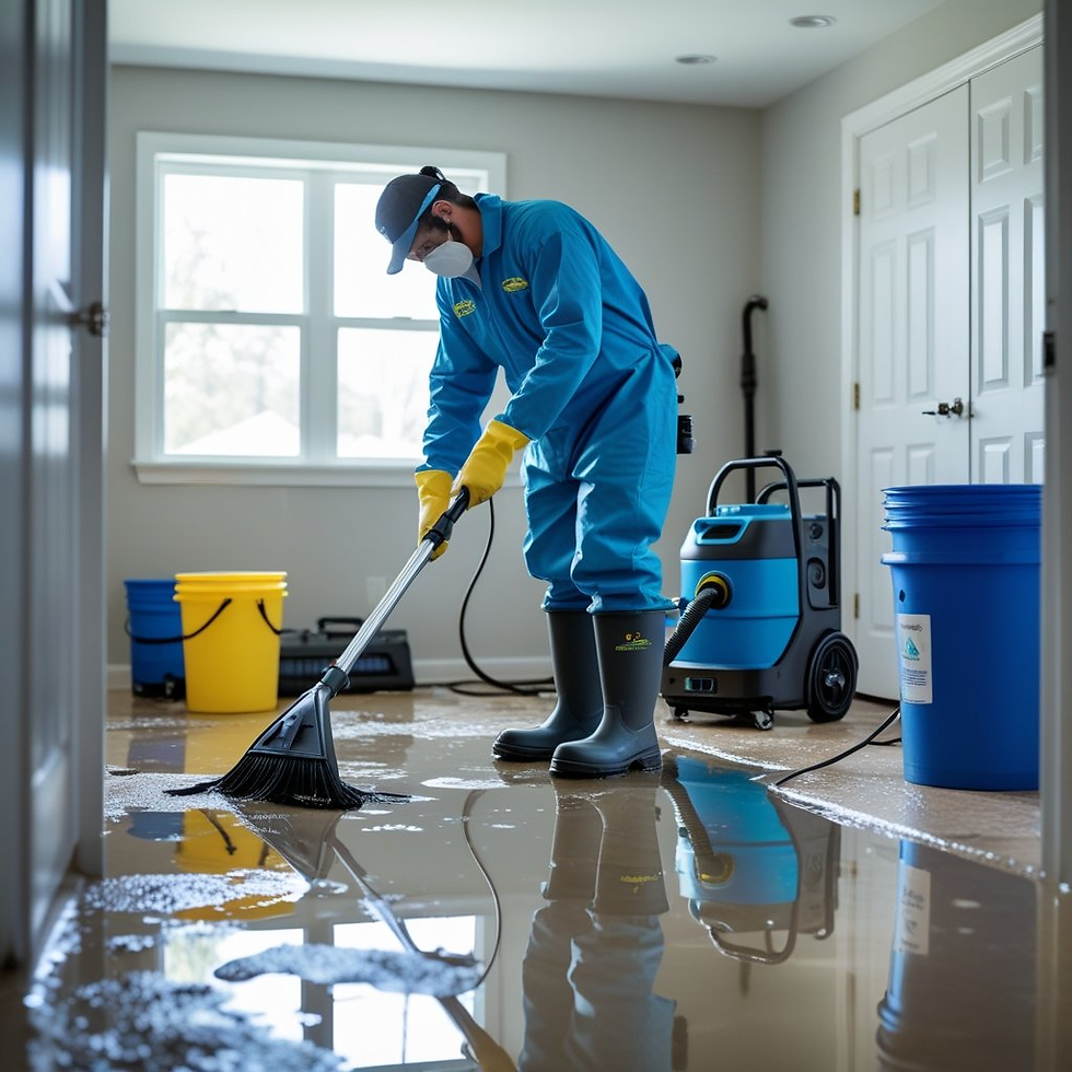 Person in blue uniform and mask cleans a flooded room with a vacuum. Yellow gloves, buckets, and equipment are visible. Bright window light.