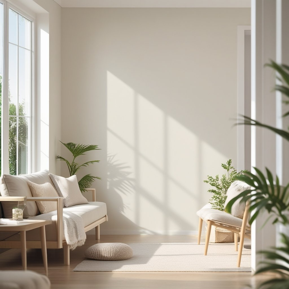 Sunlit minimalist room with beige sofas, plants, and a window casting shadows. Cozy and serene atmosphere with soft neutral tones.