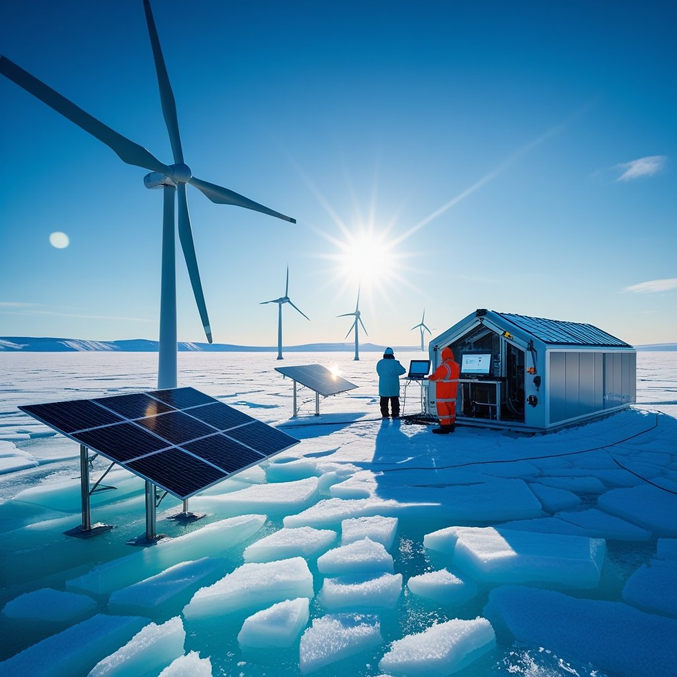 Two people in winter gear work by computers near wind turbines and solar panels on icy terrain under a bright sun and clear blue sky.