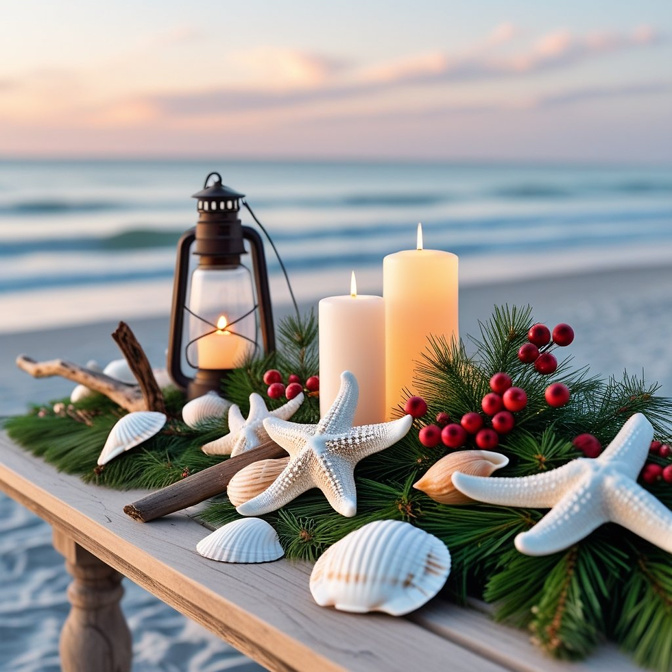 Beach table with candles, pine, red berries, and seashells. A lantern glows beside them. Ocean and sunset in the background. Tranquil mood.