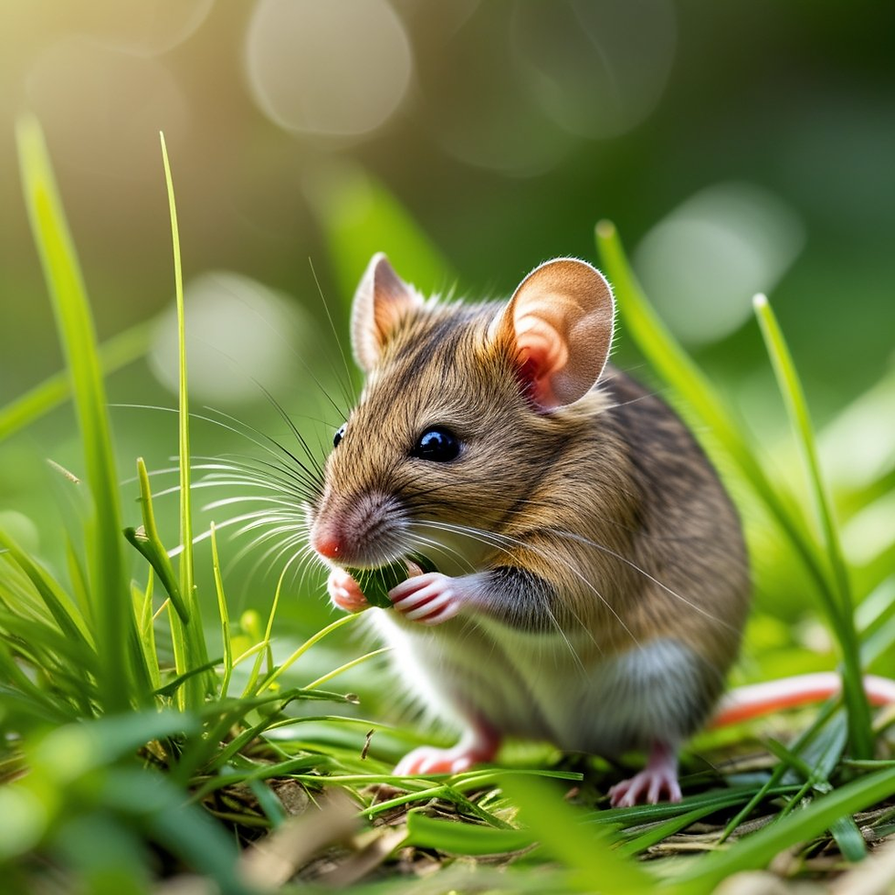 Brown mouse nibbling on a leaf in lush green grass, sunlight creating a warm glow, conveying a peaceful, natural scene.