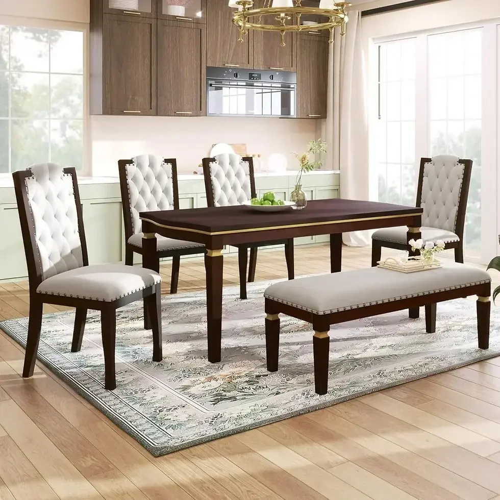 6 Piece Dining Table Set with Bench, 60" Wooden Table with 4 High-Back Tufted Ch