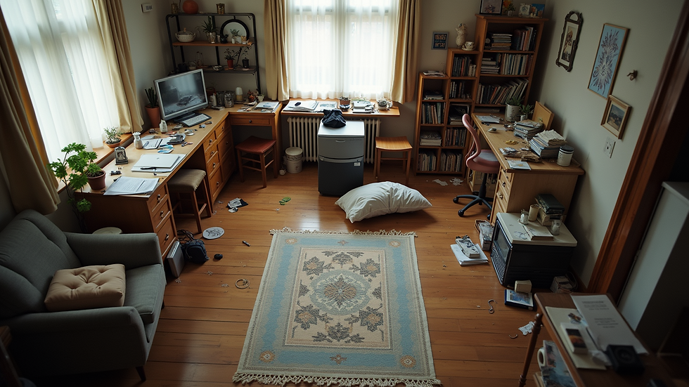 High angle view of a cluttered apartment before junk removal