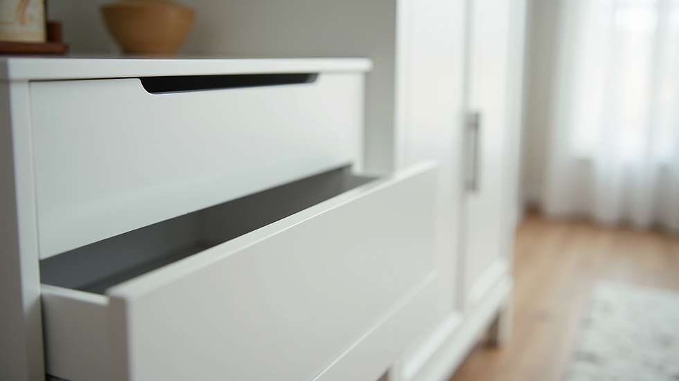 Eye-level view of a white bedroom storage dresser with neatly arranged drawers