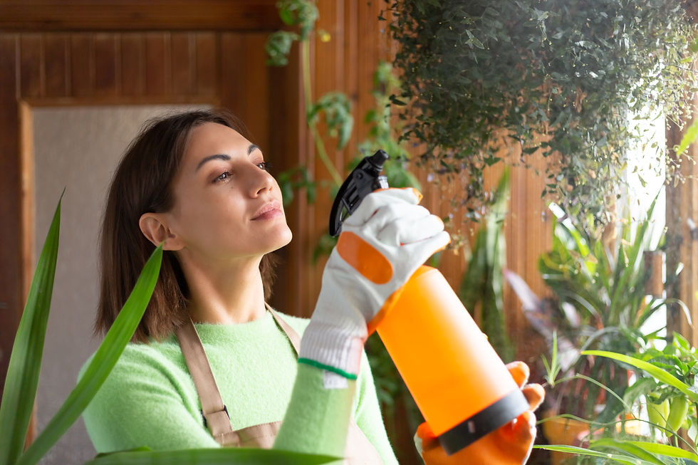 Woman in green sweater sprays hanging plant with orange bottle indoors, surrounded by greenery. Focused expression.