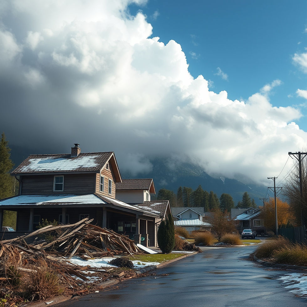 Snow-dusted house in a quiet street with woodpile, mountains, and cloudy sky. Vibrant autumn foliage adds color to the serene scene.