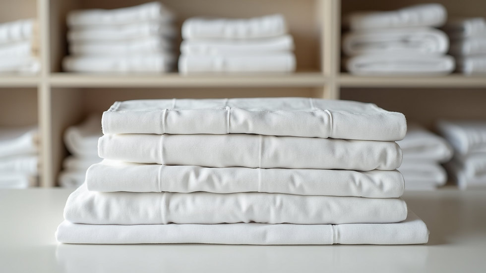 Close-up view of neatly folded white linens stacked on shelves