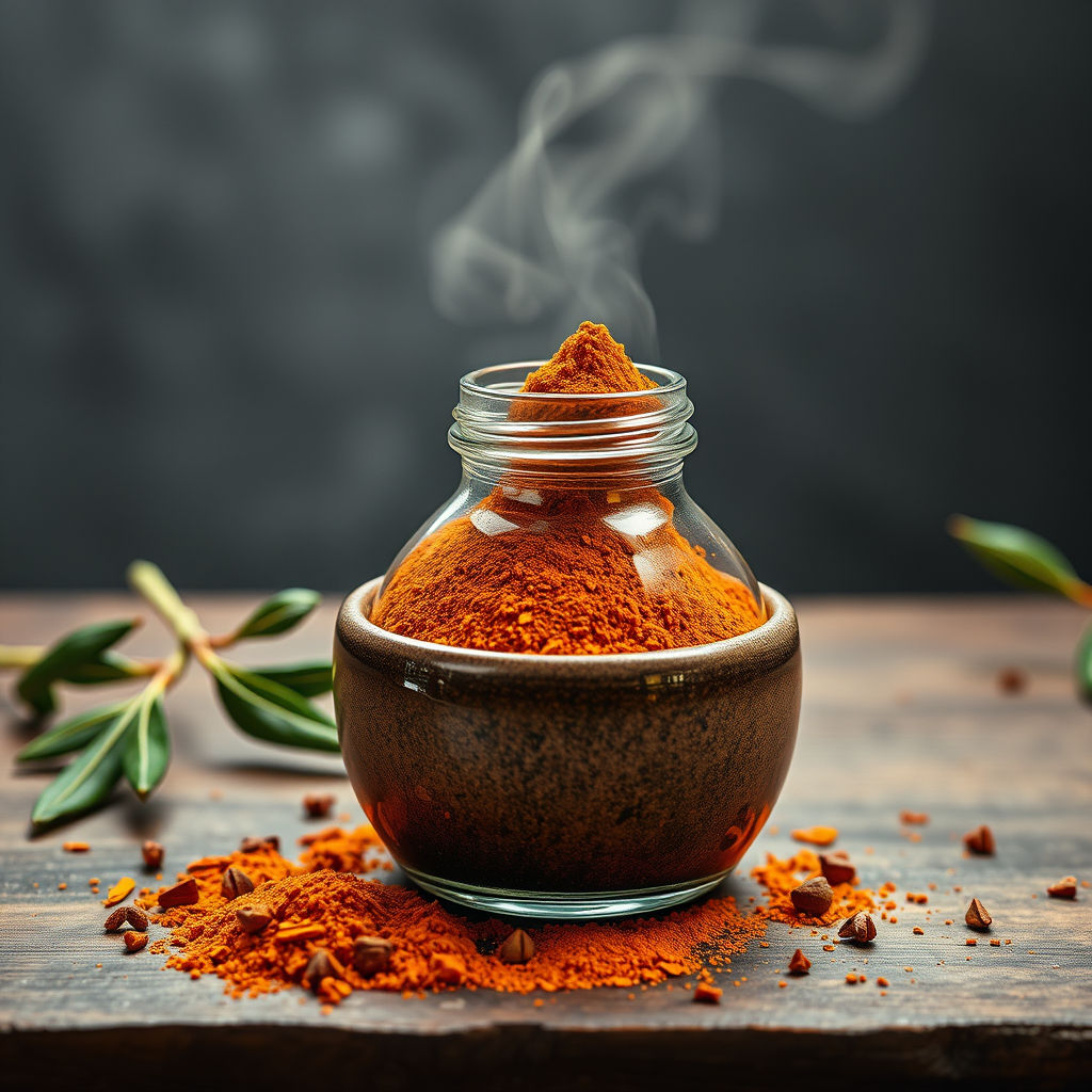 Aromatic spice powder in a glass jar. Ground spices with steam is visible.