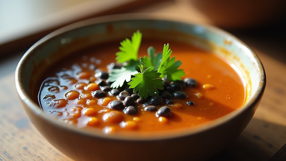 Eye-level view of a bowl of spiced black lentil soup with cilantro garnish