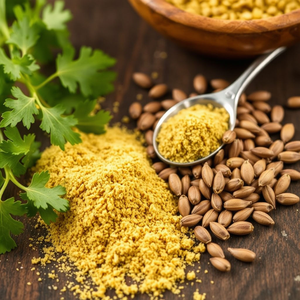 Ground herb of coriander with a spoon and seeds on wood Issasbazaar.