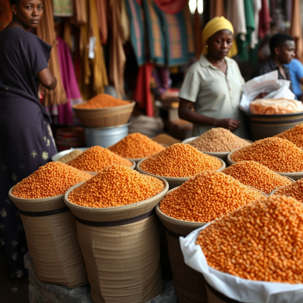 Women selling lentils in a market, various grains in baskets and bags.