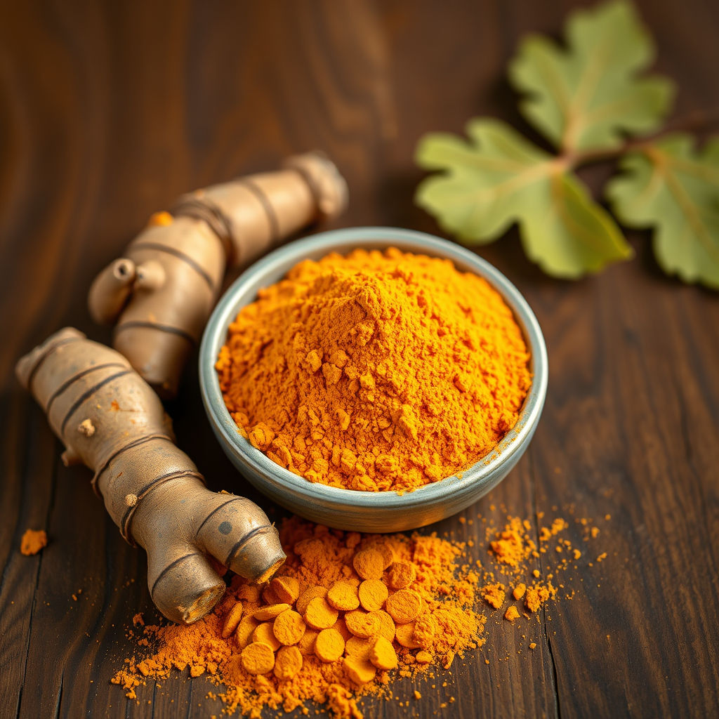 Ground turmeric in a bowl and root with leaves on wooden surface.