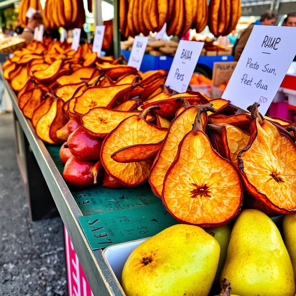 Various fruits for sale on a market stall, including pears and apples.
