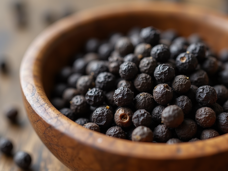 black peppercorns in a bowl on a kitchen counter