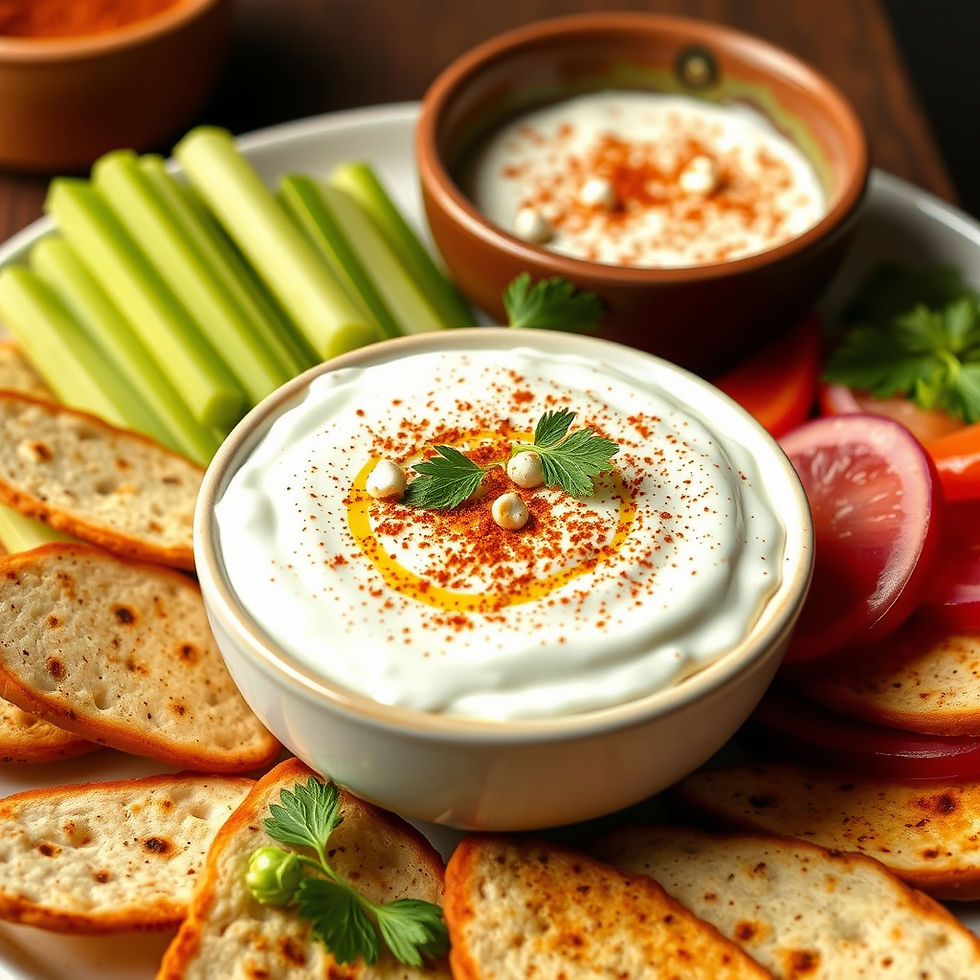 Creamy yogurt dip garnished with herbs and garam masala in a bowl, surrounded by sliced vegetables and crackers on a platter, creating a fresh, colorful setting.