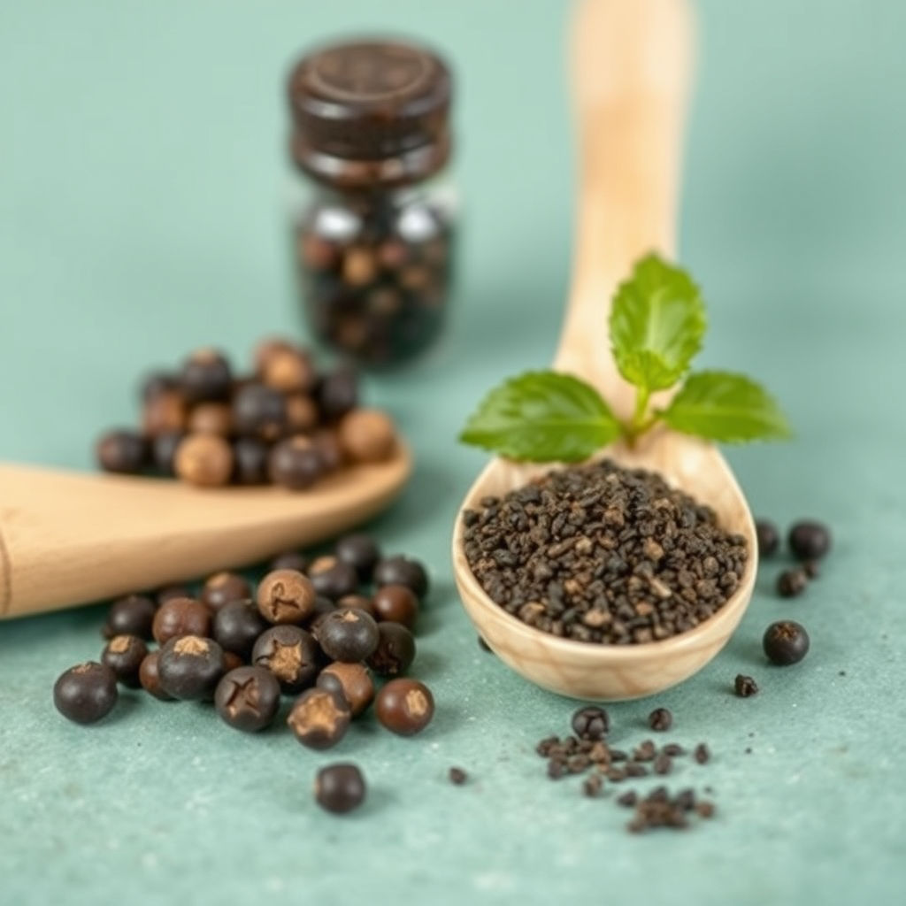 Wooden spoons with black pepper, whole berries, and a small glass jar.