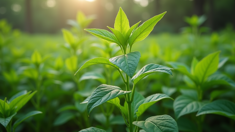 Eye-level view of fresh Tulsi leaves in a garden