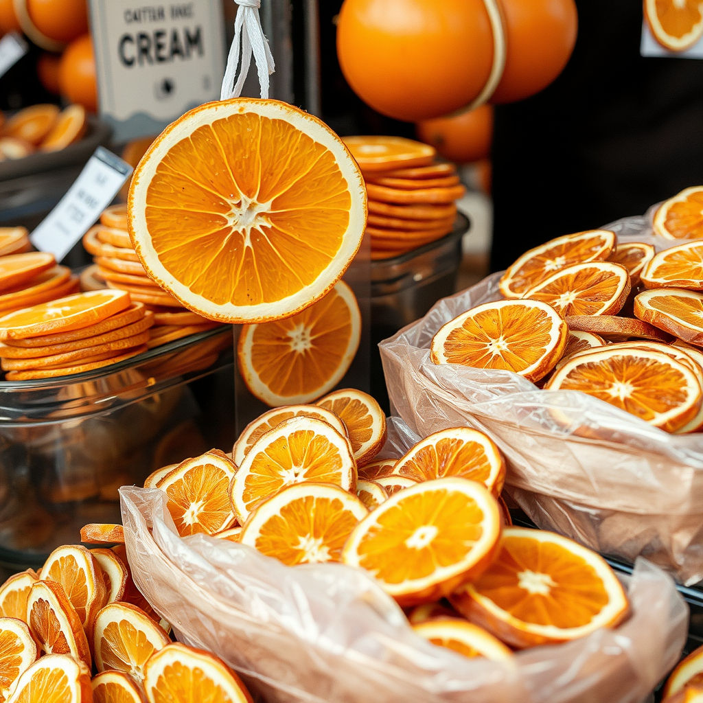 Sliced oranges on display at a market, many in transparent bags.