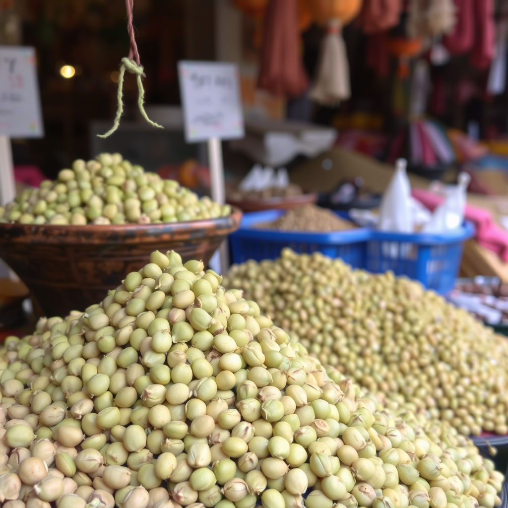 Piles of Green Split Peas are displayed at the Issasbazaar market; various price tags.