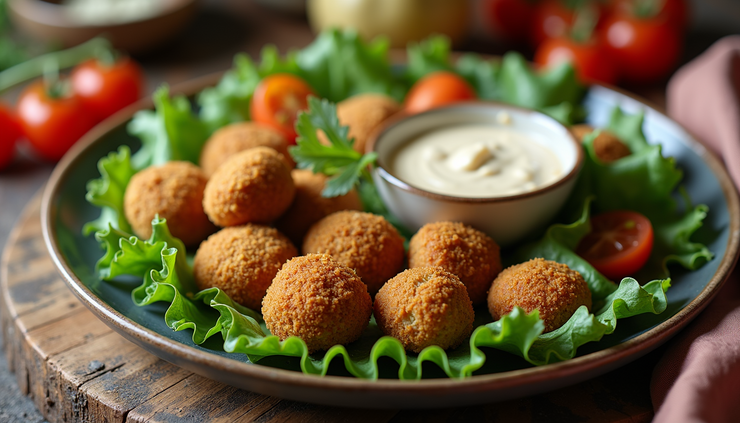 High angle view of a plate with falafel balls, tahini sauce, and fresh salad