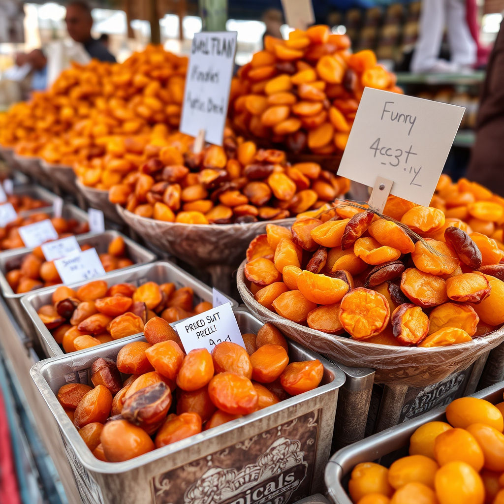 Apricots in baskets with price tags, including, Dried Apricots, Issasbazaar