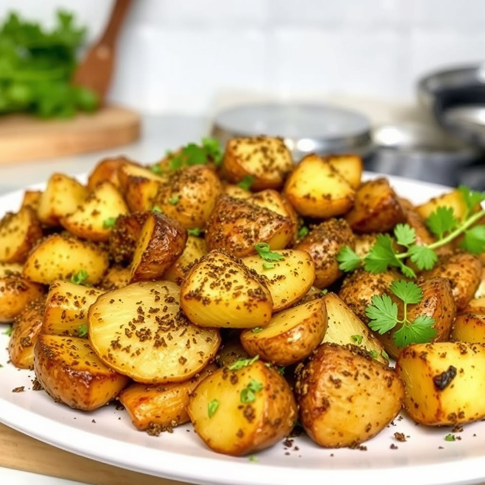 Eye-level view of roasted vegetables seasoned with za'atar on a baking tray