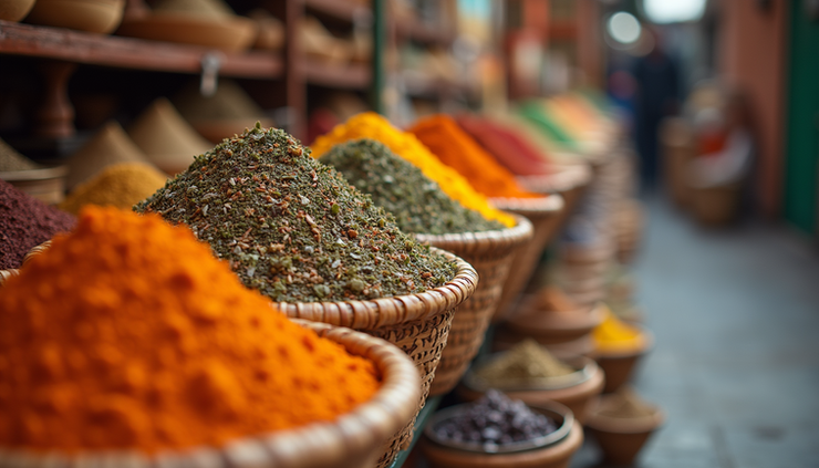 Eye-level view of a traditional Moroccan spice market with colorful spice piles