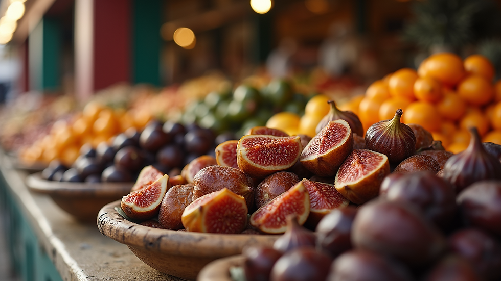 Close-up view of dried figs and dates in a market stall