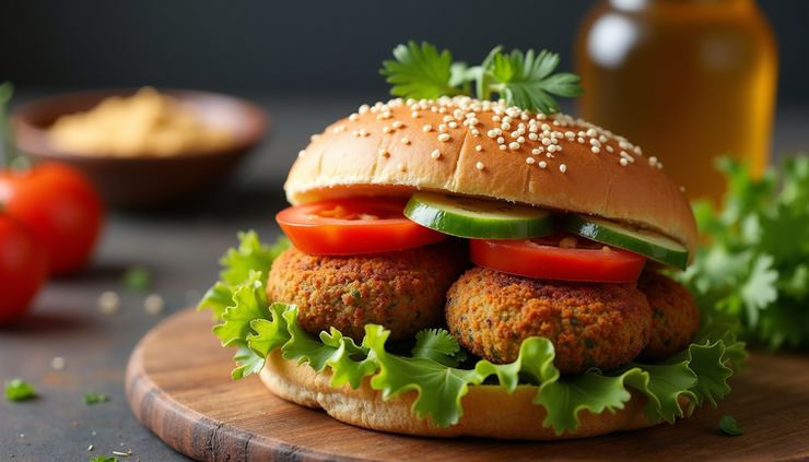 Eye-level view of a falafel sandwich with fresh vegetables and tahini sauce