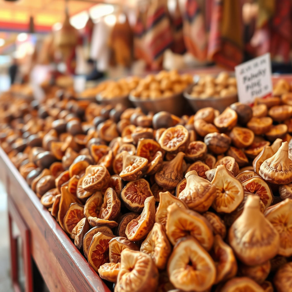 Close-up of dried figs on display at a market stall Issasbazaar.