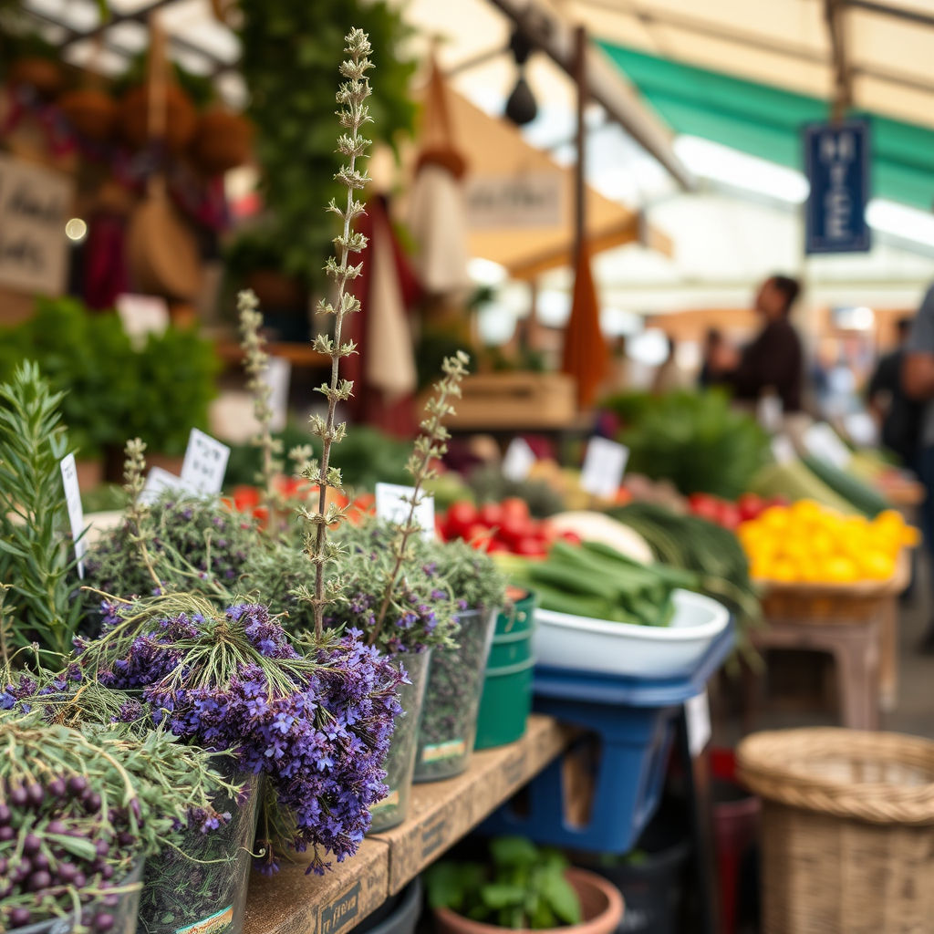 Fresh herbs and produce displayed at a bustling outdoor farmers market Issasbazaar.