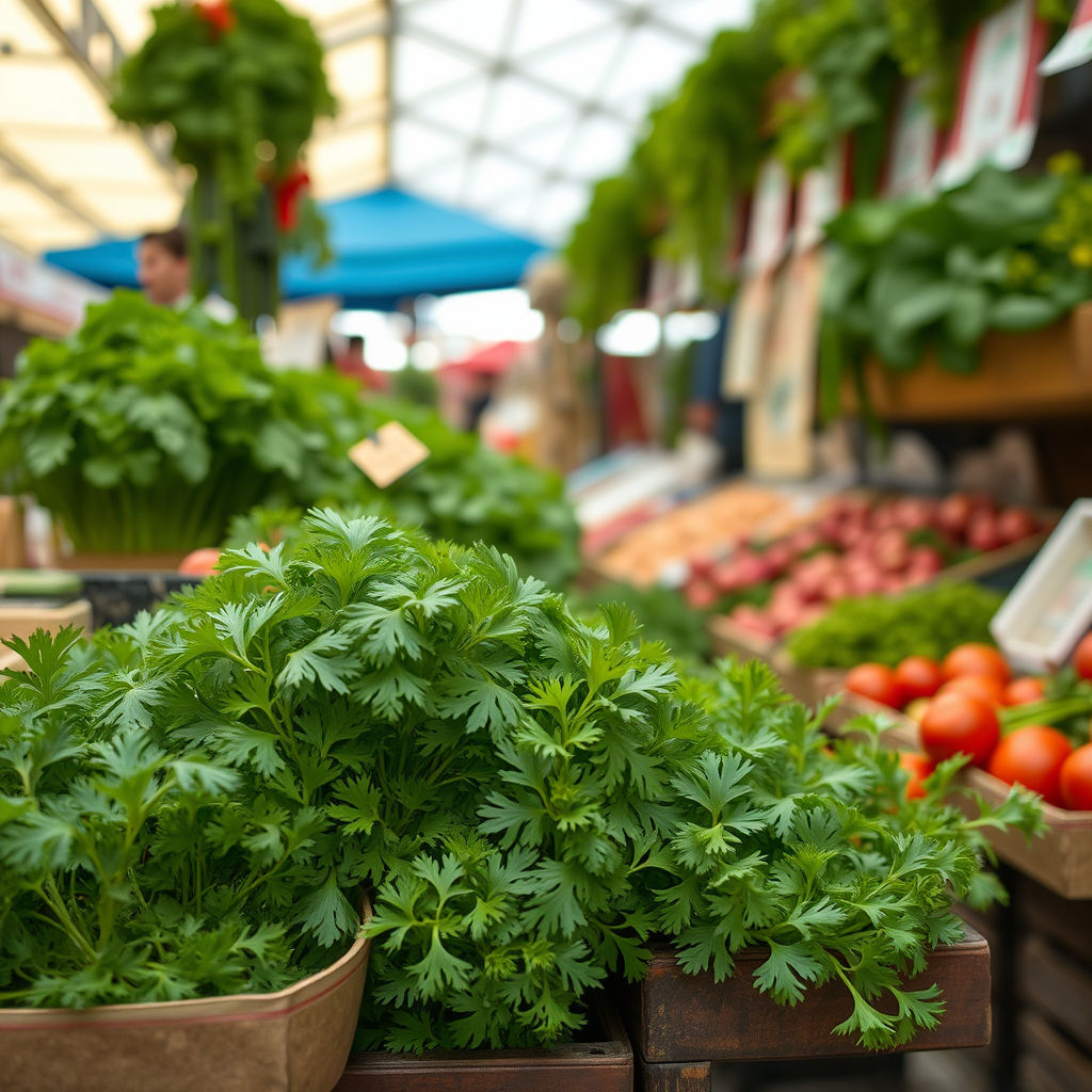 Fresh parsley, produce and market stalls. Parsley at Issasbazaar, ready for customers in sunlight.
