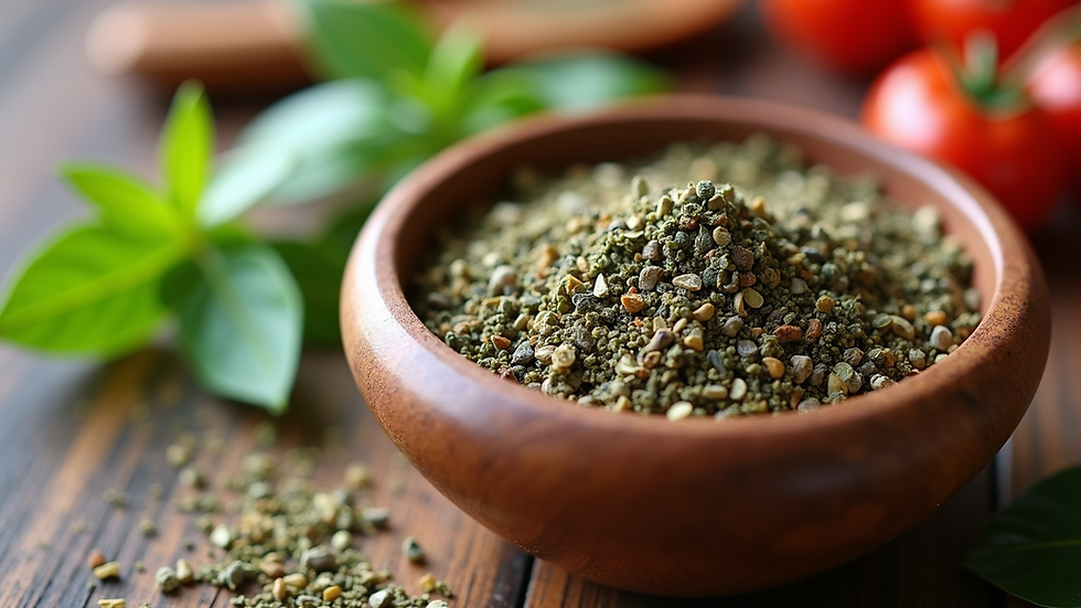 Close-up view of dried Italian seasoning herbs in a wooden bowl