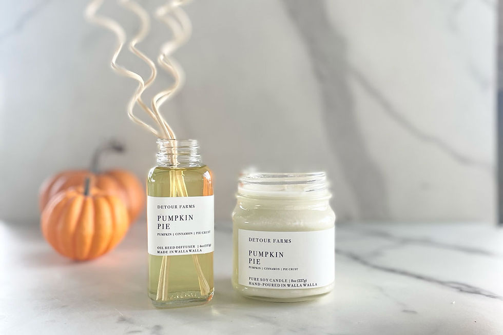 Detour Farms Pumpkin Pie reed diffuser with rattan reeds beside a Pumpkin Pie soy candle in a mason jar