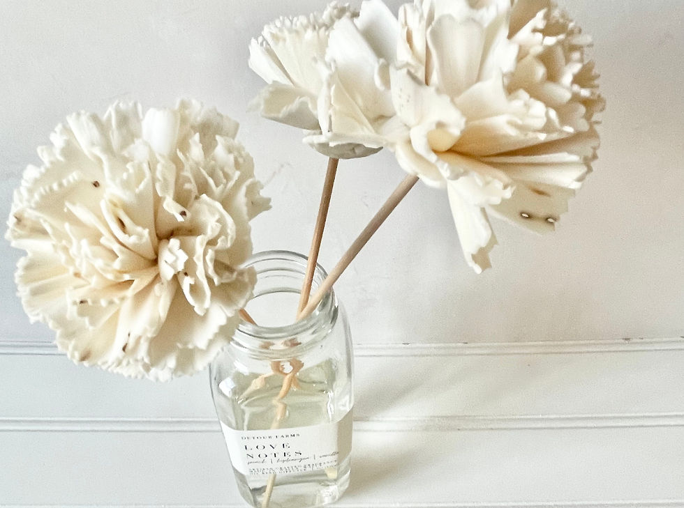 Long lasting reed diffuser with white flower reeds in clear glass bottle containing golden oil, Detour Farms Vanilla Eggnog fragrance, artisan crafted in Walla Walla