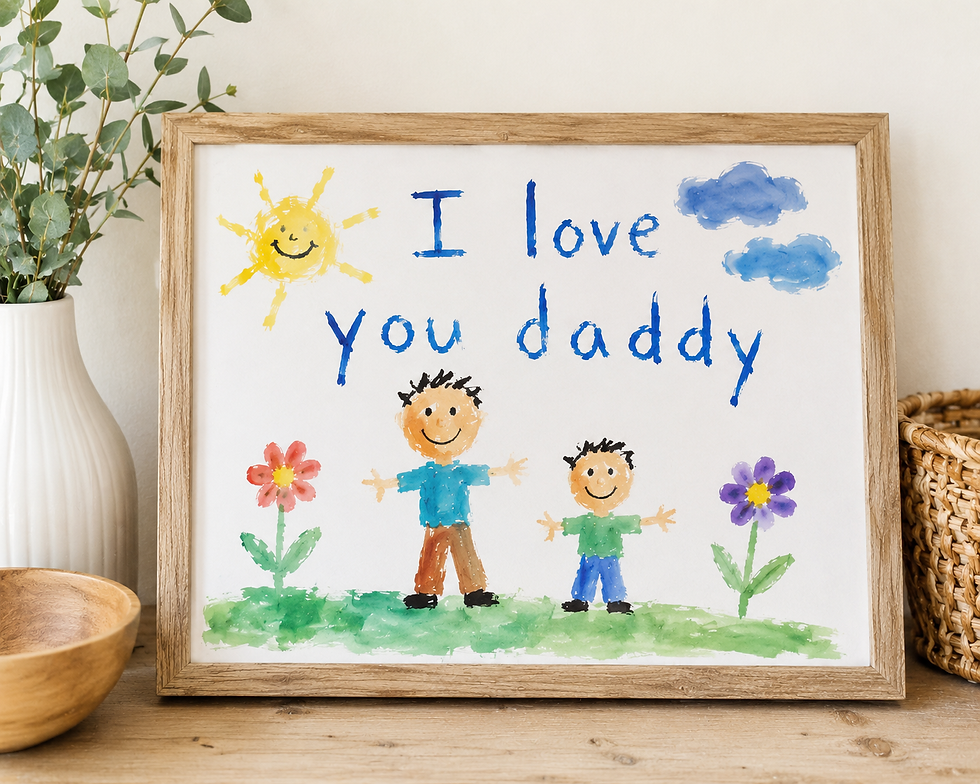 High angle view of a framed child's drawing displayed on a living room wall