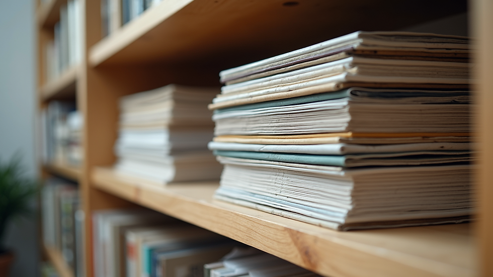 Close-up view of neatly organised art portfolios stacked on a shelf