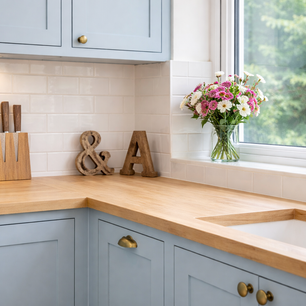 Bespoke kitchen with light blue shaker cabinets and timber worktops.