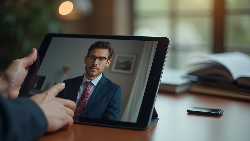 Close-up view of a tablet displaying a video call with a lawyer