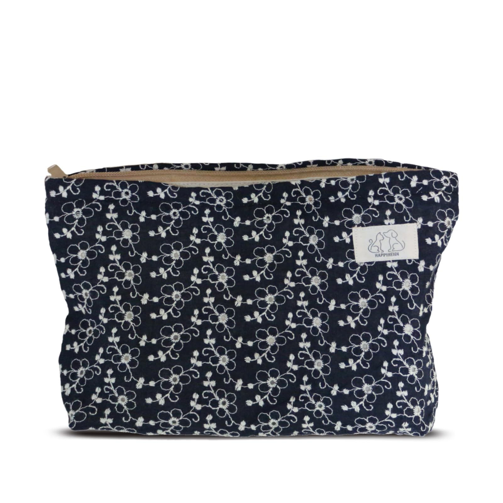 HAPPYHEIDI Soft Embroidered Floral Makeup Bag Cosmetic Travel Pouch Canvas Lined