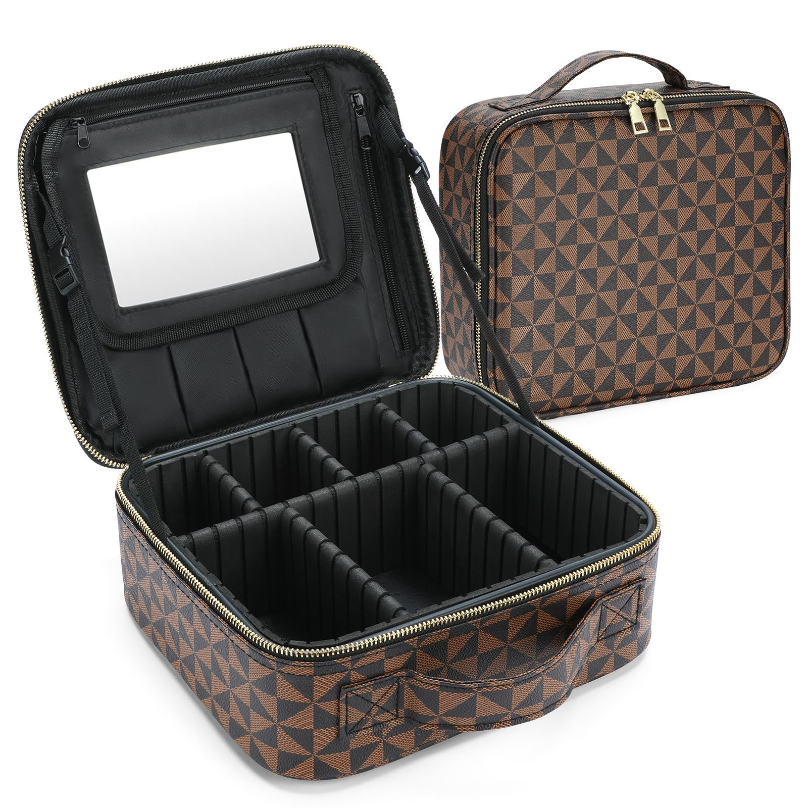 Checkered Makeup Bag Travel Makeup Train Case Portable Storage Bag with Dividers