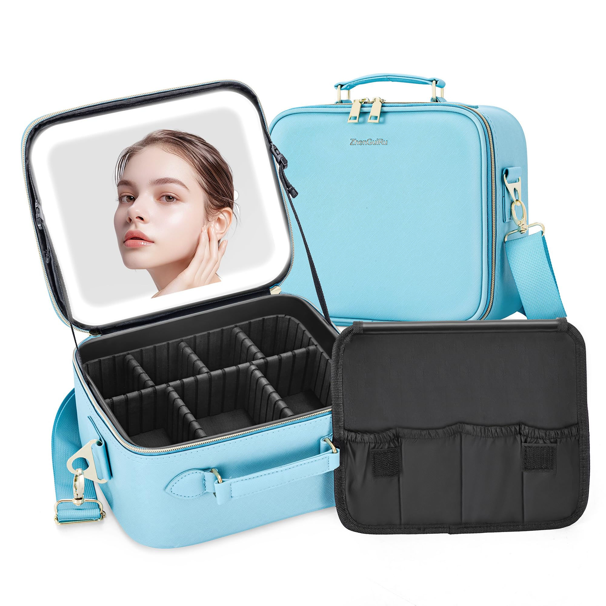ZhenGuiRu Makeup Bag with LED Mirror Portable Makeup Artist Organizer Case with