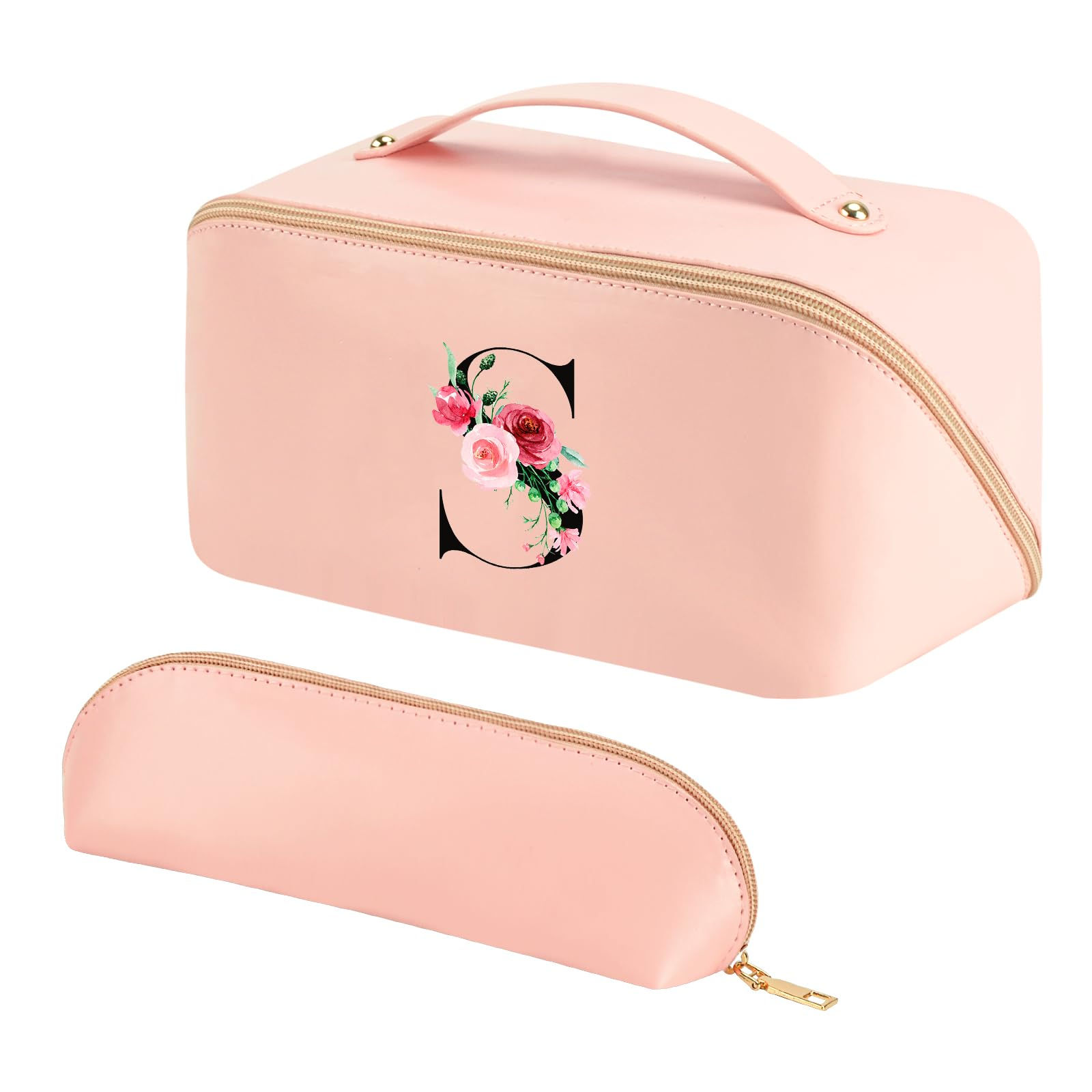 Personalized Initial Makeup Bag Travel Cosmetic Bag with Brush Bag for Women Lar