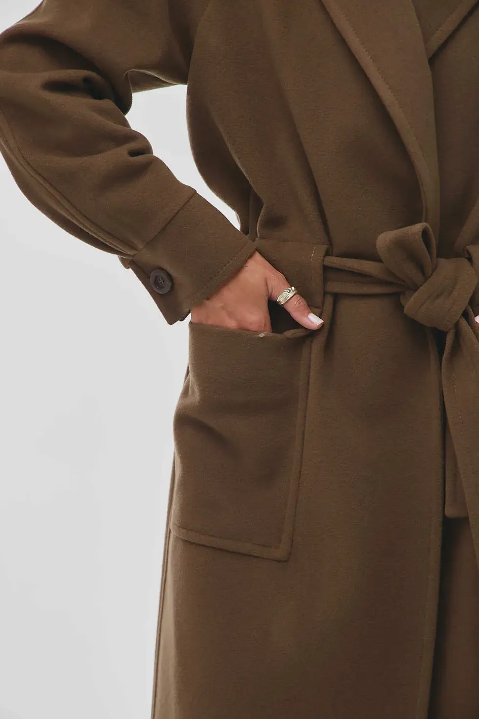 Thumbnail: Detailed view of Odesa Chocolate Wool & Cashmere Coat by WeHeat buttons and stitching