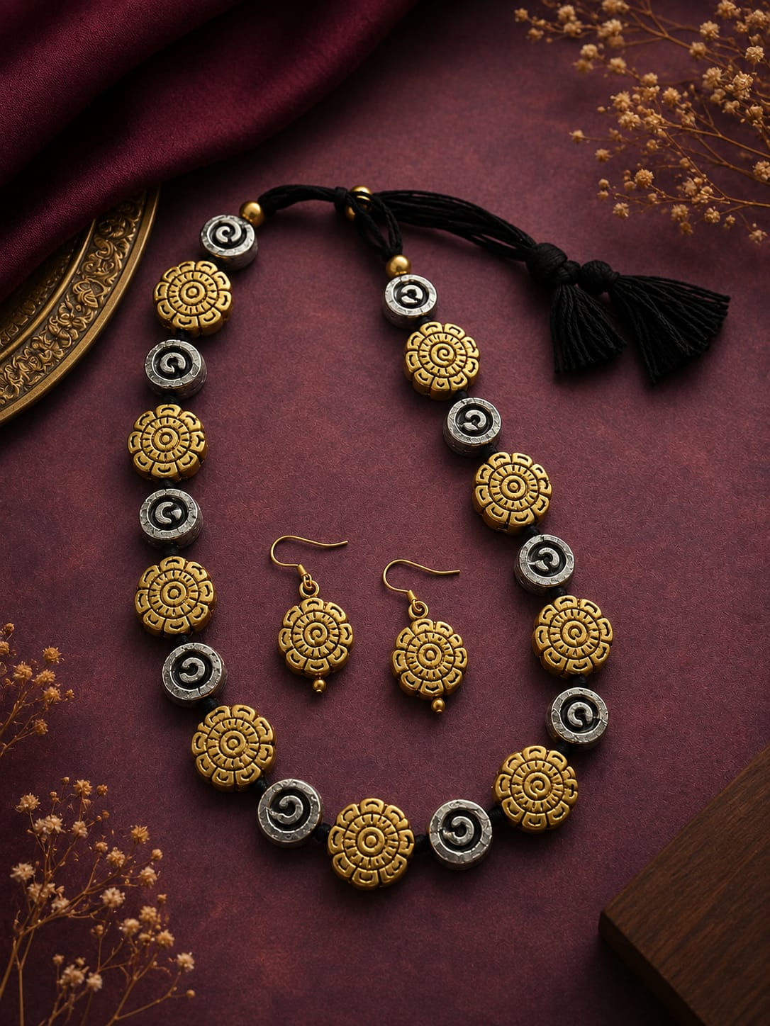 Golden Spiral Bloom Oxidised Jewellery Set