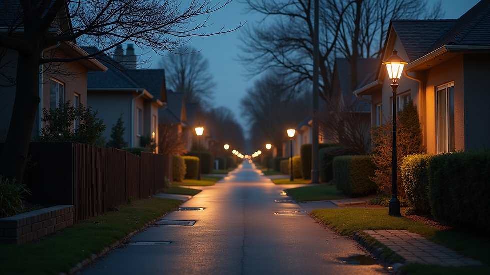 Eye-level view of a residential street with secure homes and street lighting