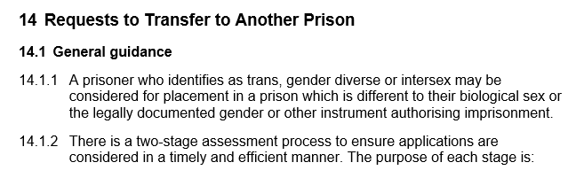 Screenshots of the COPP 4.6 policy which show additions to the policy underneath the header Request to Transfer to Another Prison