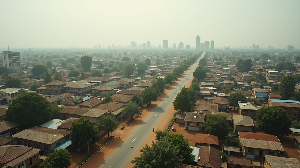Vue aérienne d’un quartier de Yaoundé avec des bâtiments écologiques