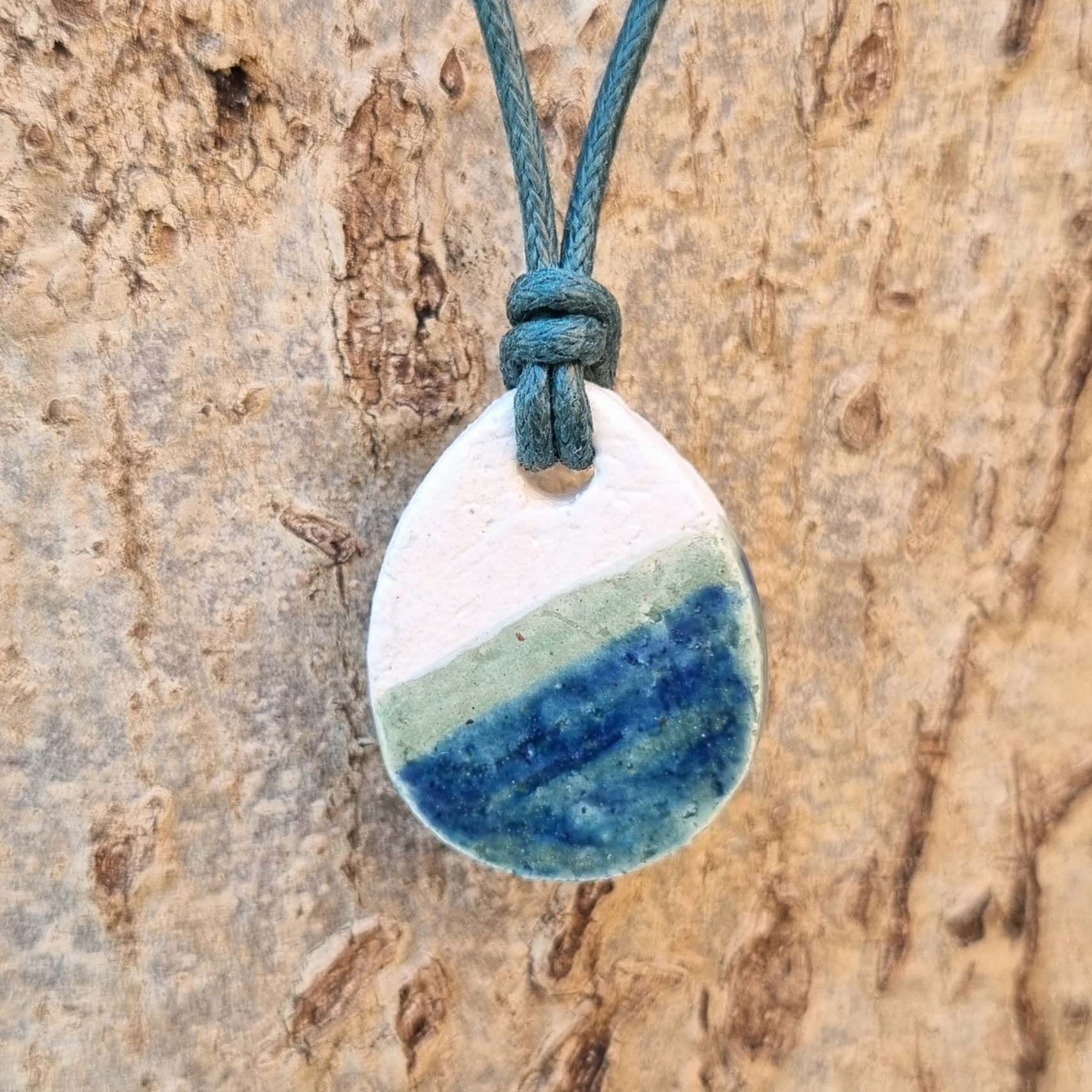 Handmade Ceramic Necklace: Multicoloured Striped Teardrop Pendant